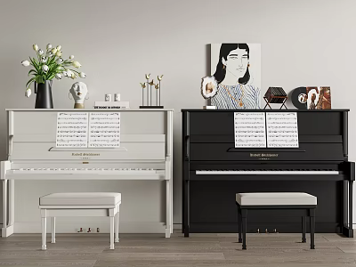 Stylish White Black Pianos And Artworks In Interior With Music Sheets Sculptures Flower Vase 3d model