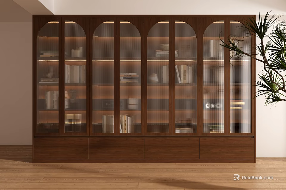 Modern Wooden Bookcase With Arched Glass Doors Books And Decor Inside Bottom Drawers 3d model 