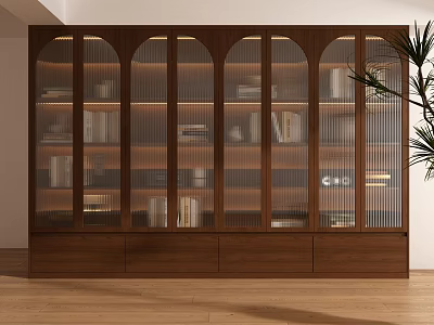 Modern Wooden Bookcase With Arched Glass Doors Books And Decor Inside Bottom Drawers 3d model