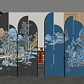 Chinese Folding Screen With Blue Black Mountain Landscape Design For Interior Decor 3d model