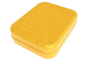 Golden Square Tin Box with Engraved Text and Decorative Patterns 3d model