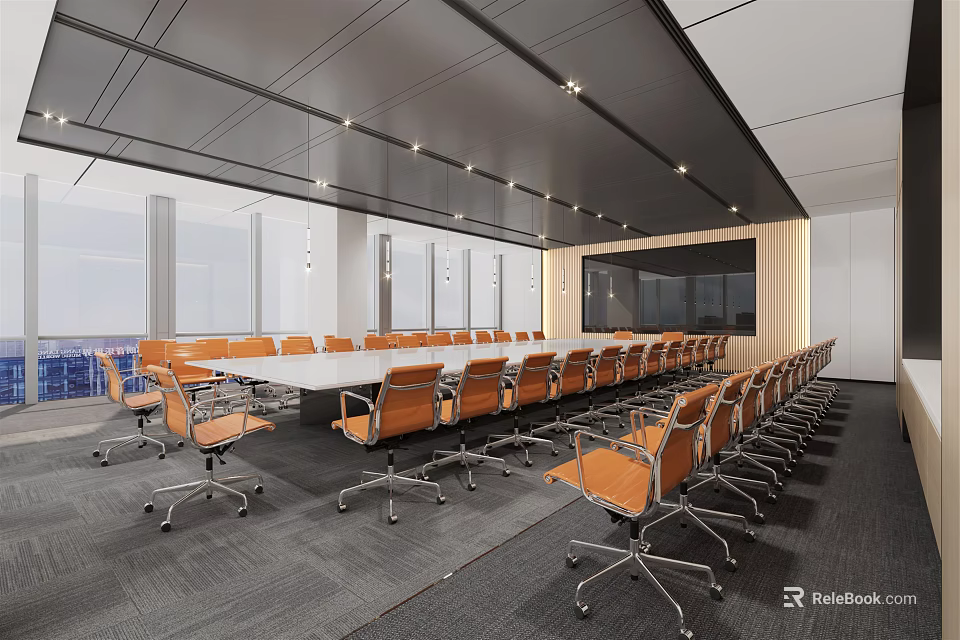 Modern Conference Room With Long Table Orange Chairs Large Screen And Ceiling Lights 3d model 