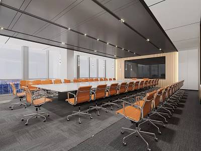 Modern Conference Room With Long Table Orange Chairs Large Screen And Ceiling Lights 3d model
