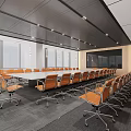 Modern Conference Room With Long Table Orange Chairs Large Screen And Ceiling Lights 3d model