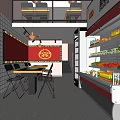 Modern Restaurant Interior With Red Decor Yellow Tables Black White Tile Walls And Display Fridge