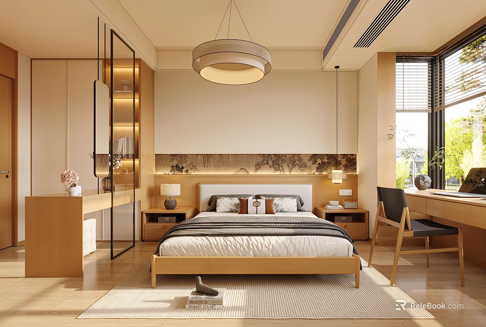Modern Bedroom Interior With Wooden Bed Round Pendant Light Decorative Wall Art And Bedside Tables 3d model 