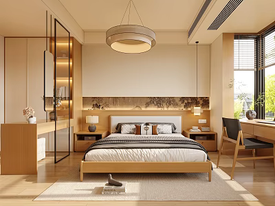 Modern Bedroom Interior With Wooden Bed Round Pendant Light Decorative Wall Art And Bedside Tables 3d model