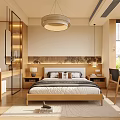 Modern Bedroom Interior With Wooden Bed Round Pendant Light Decorative Wall Art And Bedside Tables