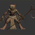 Mystical Creature With Cat Like Head Green Eyes Red Ears Holding Staff And Decorative Outfit
