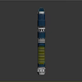 Dark Blue Cylindrical Device With Top Opening Yellow Stripes Red Button And Shiny Bottom