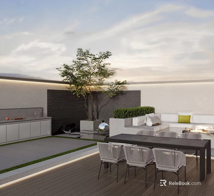 Rooftop Garden Terrace With Outdoor Sofa Dining Table Chairs Green Plants And Lighting 3d model 