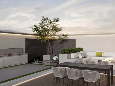 Rooftop Garden Terrace With Outdoor Sofa Dining Table Chairs Green Plants And Lighting 3d model
