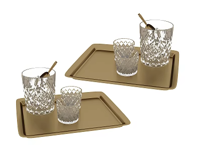 Golden Trays With Glass Cups And Spoons For Daily Household Use 3d model
