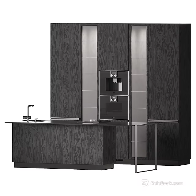 Modern Kitchen With Dark Wood Cabinets Island Counter And Appliances 3d model 