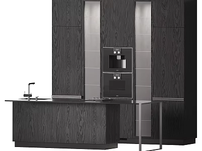 Modern Kitchen With Dark Wood Cabinets Island Counter And Appliances 3d model