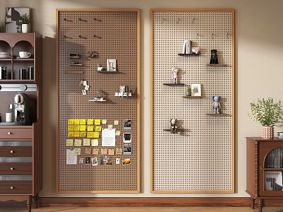 Wooden Framed Pegboard Wall With Hanging Photos Notes And Decorative Items 3d model