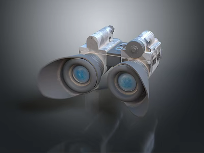 Scenic Landscape Observation Using Silver Metal Binoculars With Blue Lenses And Dark Background Reflection 3d model