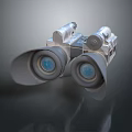 Scenic Landscape Observation Using Silver Metal Binoculars With Blue Lenses And Dark Background Reflection
