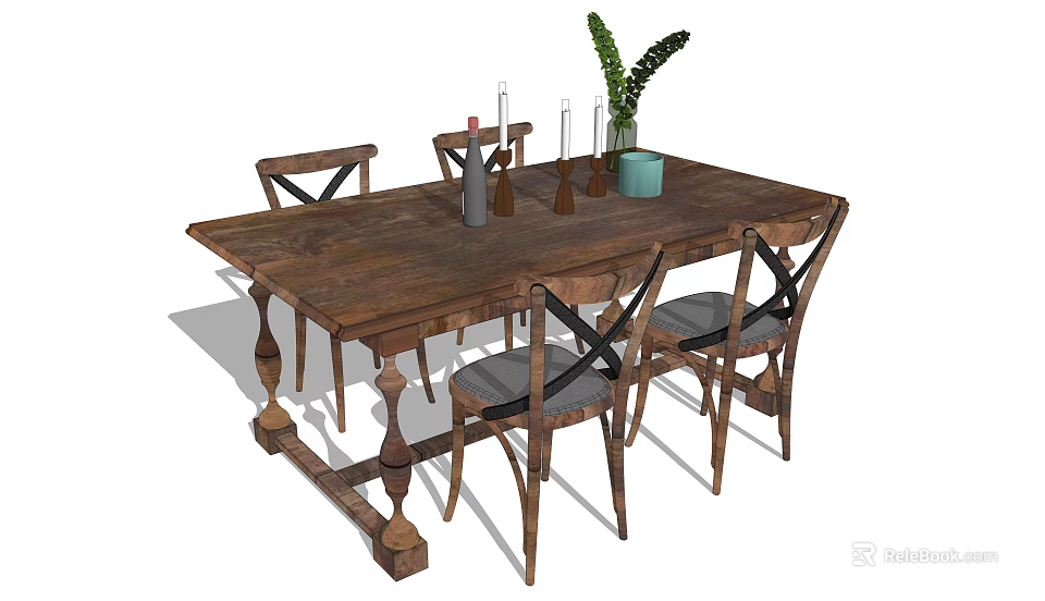 Rustic Wooden Dining Table Set with Cross Back Chairs and Green Plant Decor 3d model 