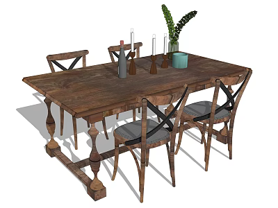 Rustic Wooden Dining Table Set with Cross Back Chairs and Green Plant Decor 3d model