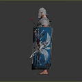 Game And Movie Warrior Character In Silver Armor With Sword And Blue Decorative Shield