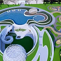 Outdoor Children's Play Area Design Featuring Circular Pool Green Landscape And Trees