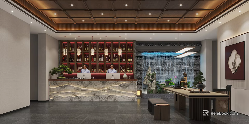 Chinese Style Hotel Lobby With Wooden Ceiling Marble Reception Desk And Green Plants 3d model 