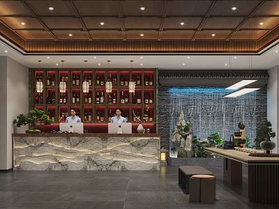 Chinese Style Hotel Lobby With Wooden Ceiling Marble Reception Desk And Green Plants 3d model