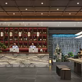 Chinese Style Hotel Lobby With Wooden Ceiling Marble Reception Desk And Green Plants