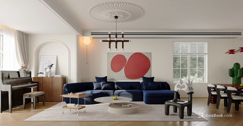 Elegant Modern Living And Dining Room Interior With Blue Sofa Round Coffee Table Red Painting 3d model 