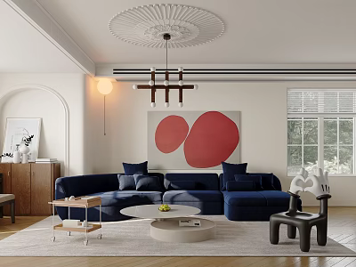 Elegant Modern Living And Dining Room Interior With Blue Sofa Round Coffee Table Red Painting 3d model