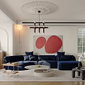 Elegant Modern Living And Dining Room Interior With Blue Sofa Round Coffee Table Red Painting
