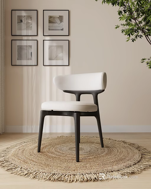 Modern Minimalist Dining Chair With White Upholstered Seat And Black Wooden Frame 3d model 