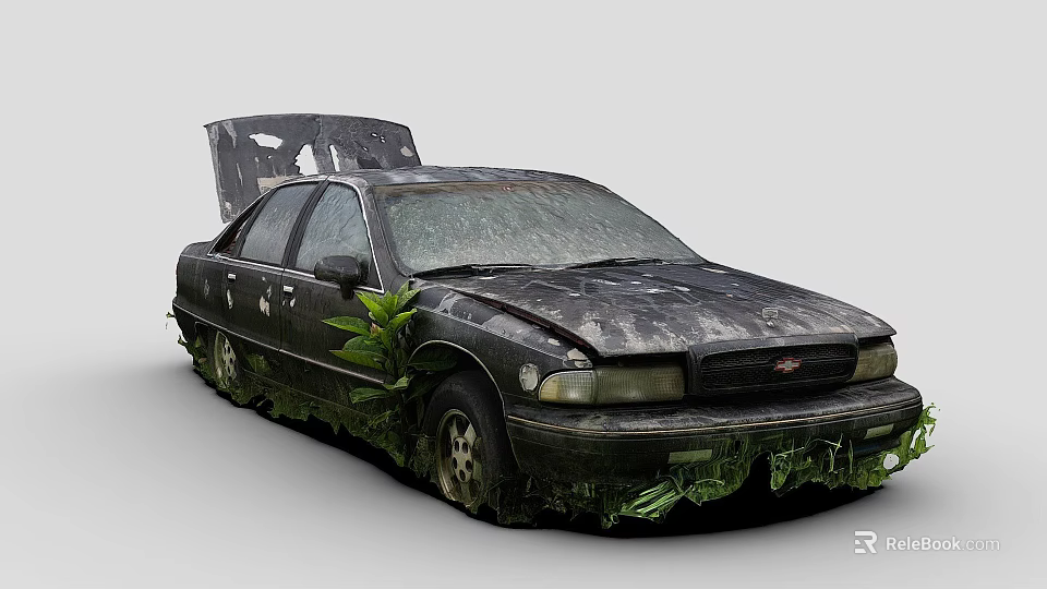 Abandoned Rusty Car With Open Hood Covered In Mud And Vegetation 3d model 