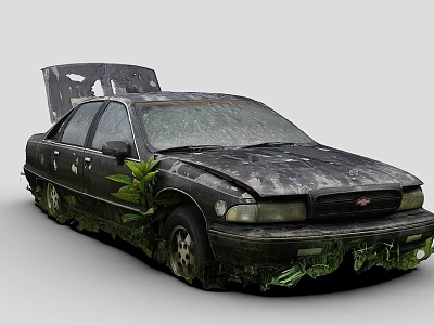 Abandoned Rusty Car With Open Hood Covered In Mud And Vegetation 3d model