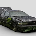 Abandoned Rusty Car With Open Hood Covered In Mud And Vegetation