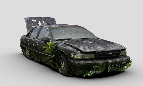 a black sedan overgrown with weeds 3d model