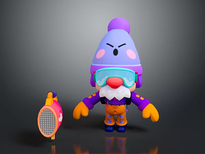 Cartoon Character with Purple Pompon Hat Blue Goggles Red Nose White Beard and Pink Racket 3d model