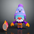 Cartoon Character with Purple Pompon Hat Blue Goggles Red Nose White Beard and Pink Racket