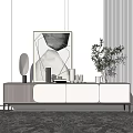 Modern TV Stand With White Panels Black Legs Decorative Artwork Table Lamp And Green Plant