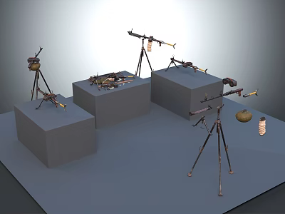 Various Weapons Displayed On Stands With Tripod Mounted Machine Guns And Accessories 3d model