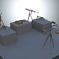 Various Weapons Displayed On Stands With Tripod Mounted Machine Guns And Accessories