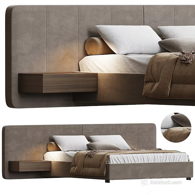 Double Bed With Gray Upholstered Headboard Wooden Floating Nightstand White Gray Pillows And Brown Blanket 3d model 