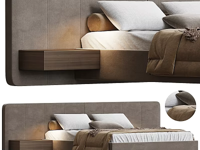 Double Bed With Gray Upholstered Headboard Wooden Floating Nightstand White Gray Pillows And Brown Blanket 3d model