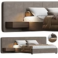 Double Bed With Gray Upholstered Headboard Wooden Floating Nightstand White Gray Pillows And Brown Blanket