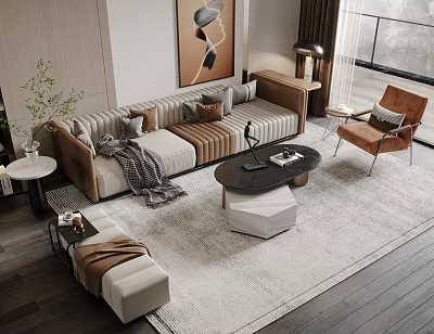 Elegant Modern Sofa and Coffee Table Set with Throw Pillows Blanket and Armchair 3d model