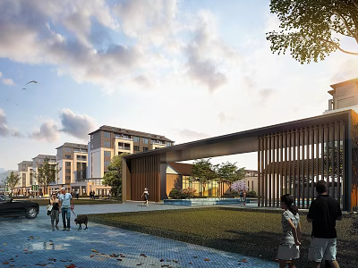 Modern Residential Community Entrance With Wooden Grille Gate Green Lawn And Pedestrians 3d model