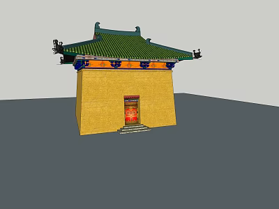 Traditional Ancient Chinese Architecture With Green Roof Decorative Eaves Yellow Walls And Red Door 3d model