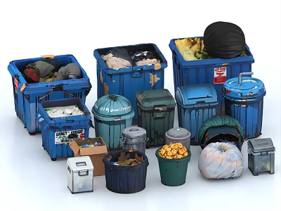 Different Colored Waste Bins with Assorted Trash and Recycling Items Inside 3d model