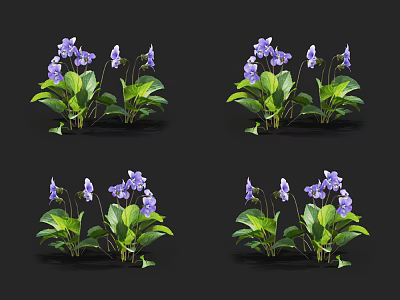 Vibrant Purple Flowers With Lush Green Leaves In Multiple Grouped Clusters 3d model